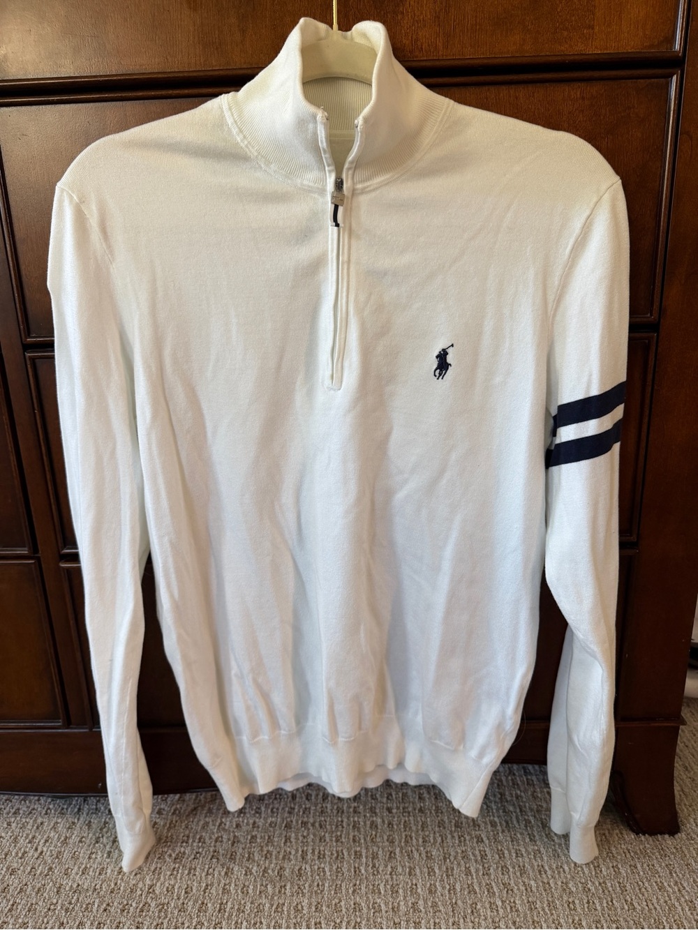Polo by Ralph Lauren White Quarter-Zip Sweater with Navy Stripes